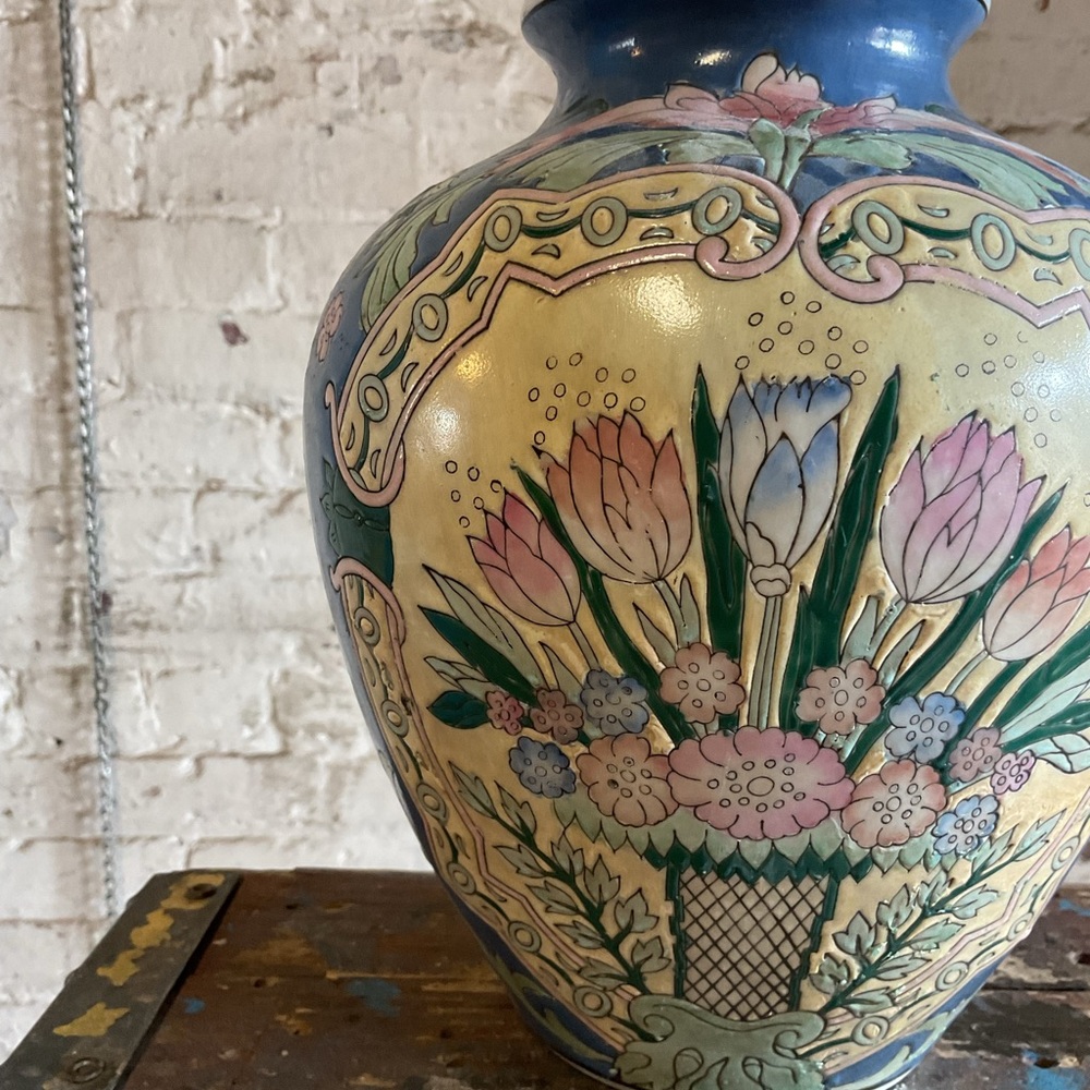 Floral Ceramic Vase with Blue Accents